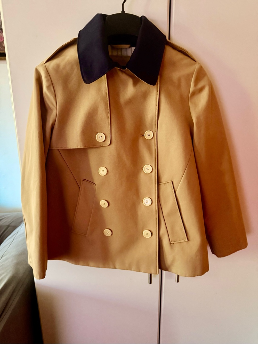 J. Crew Double-Breasted Tan Peacoat with Dark Navy Collar